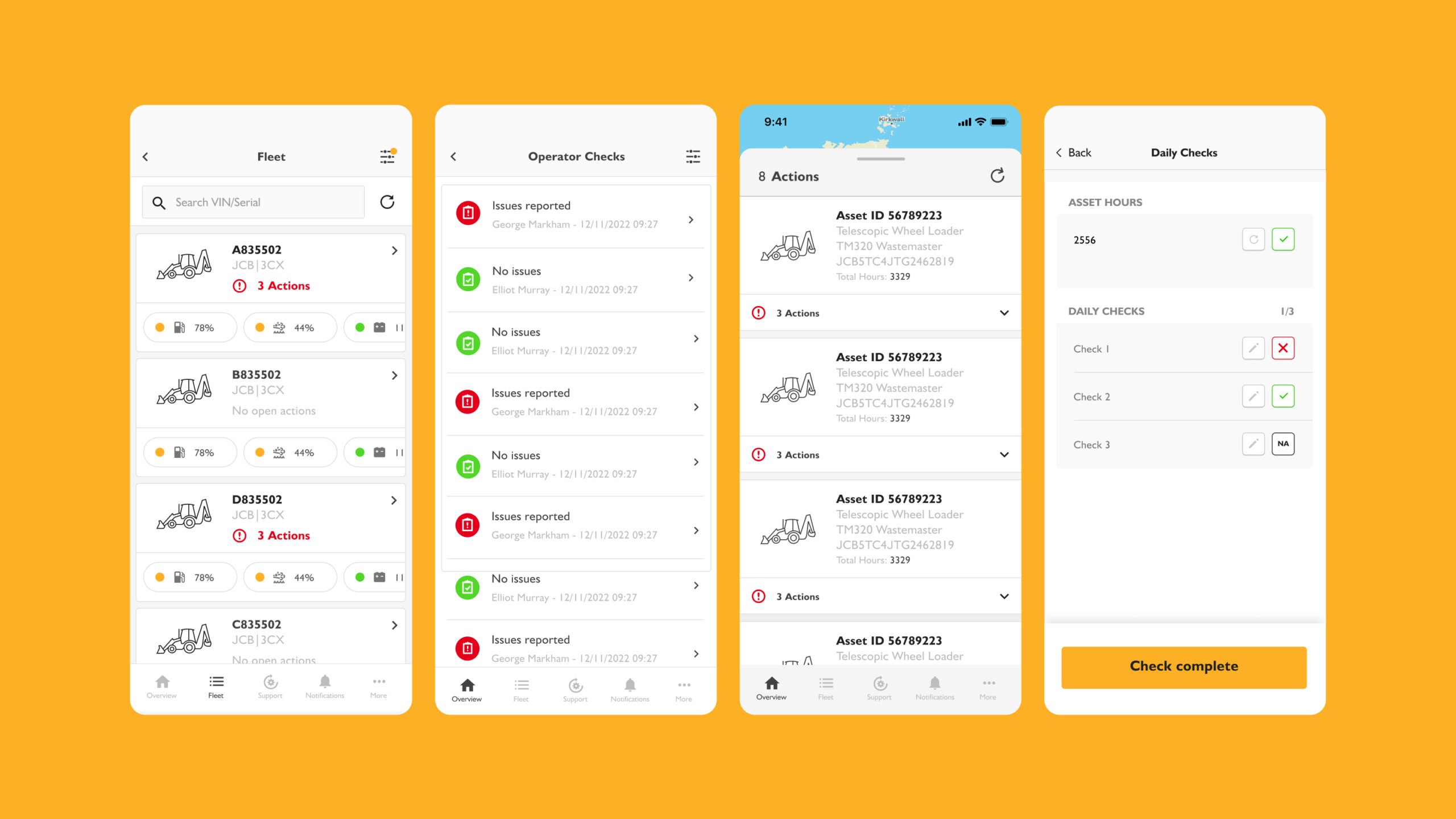 Four mobile app screens display a fleet management system with equipment lists, operator checks, issue reporting, asset details, and daily checklists on a yellow background.