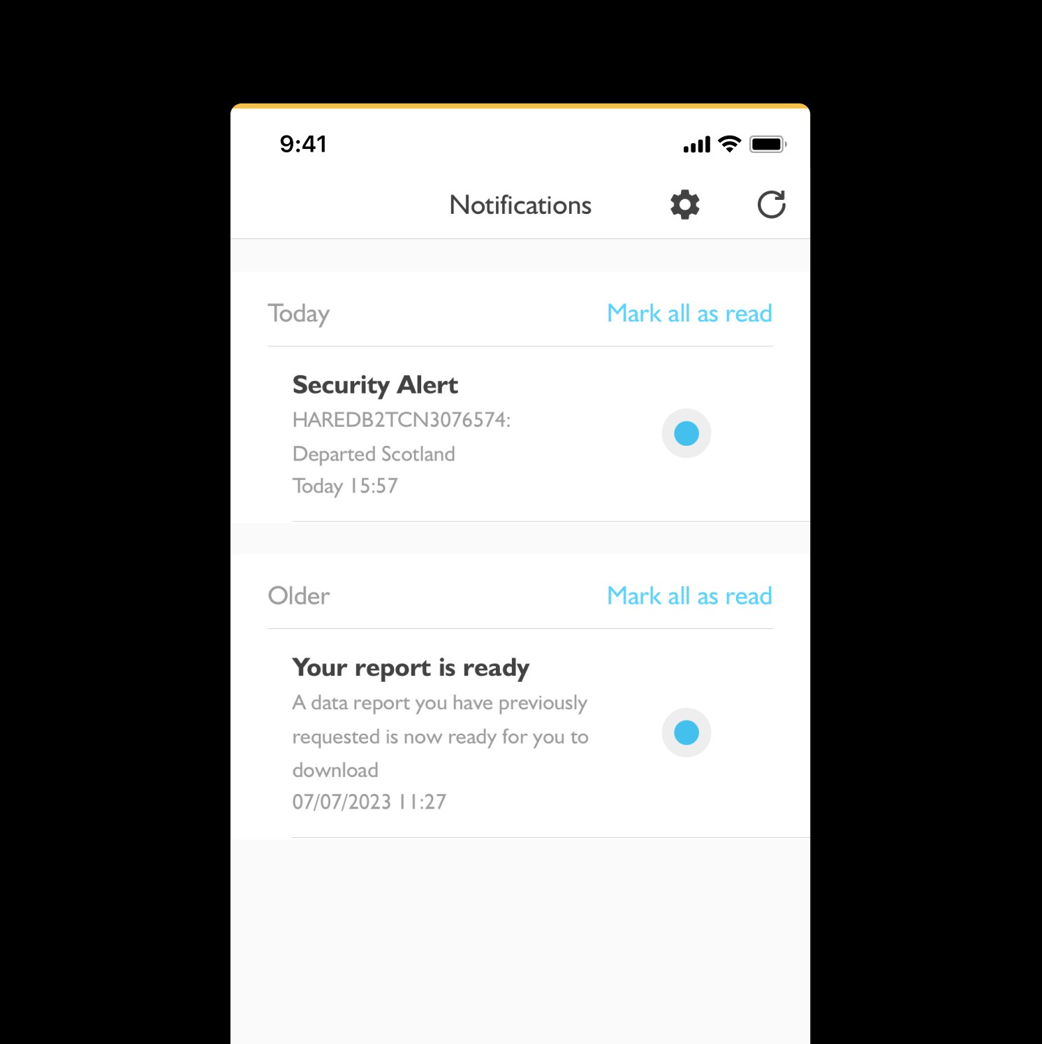 A smartphone screen displays a notifications page. Alerts include a “Security Alert” about a departure from Scotland and a message that a requested data report is ready to download. Options to “Mark all as read” are shown.