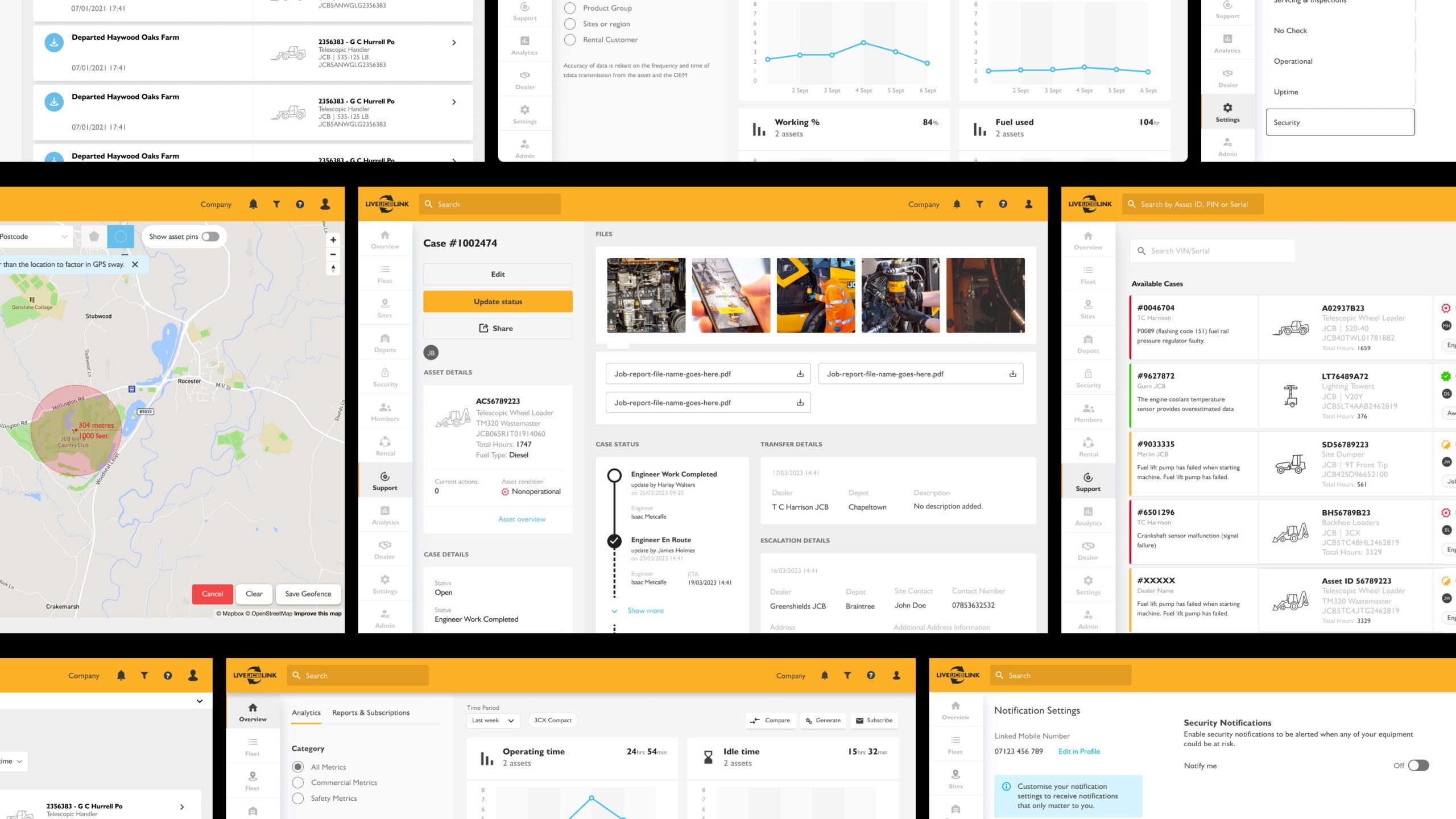 A collage of web application dashboards shows charts, maps, case details, notification settings, task lists, and various data visualisations with a yellow and white colour scheme.