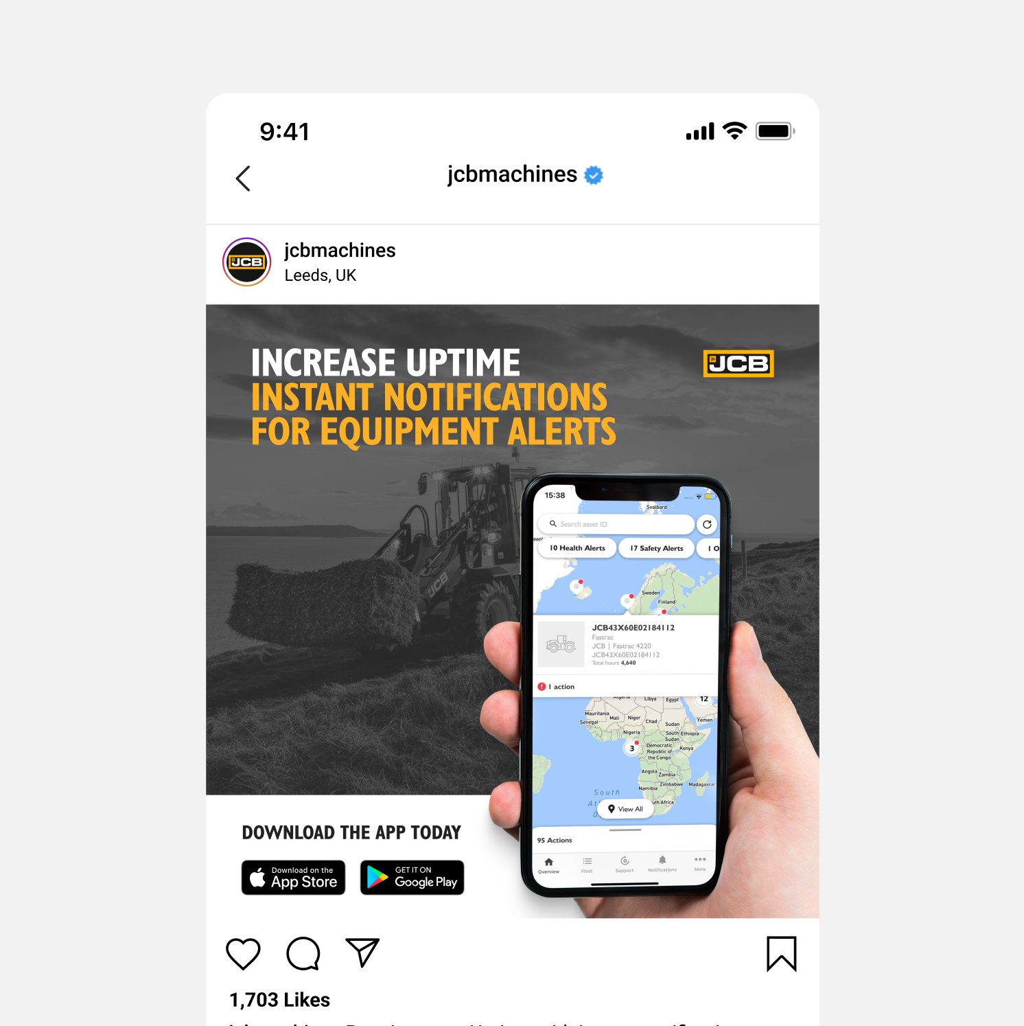 A hand holds a mobile phone displaying a map app. Behind it, a faded image shows construction equipment in a field. Text reads: Increase Uptime. Instant Notifications for Equipment Alerts. JCB branding is visible.