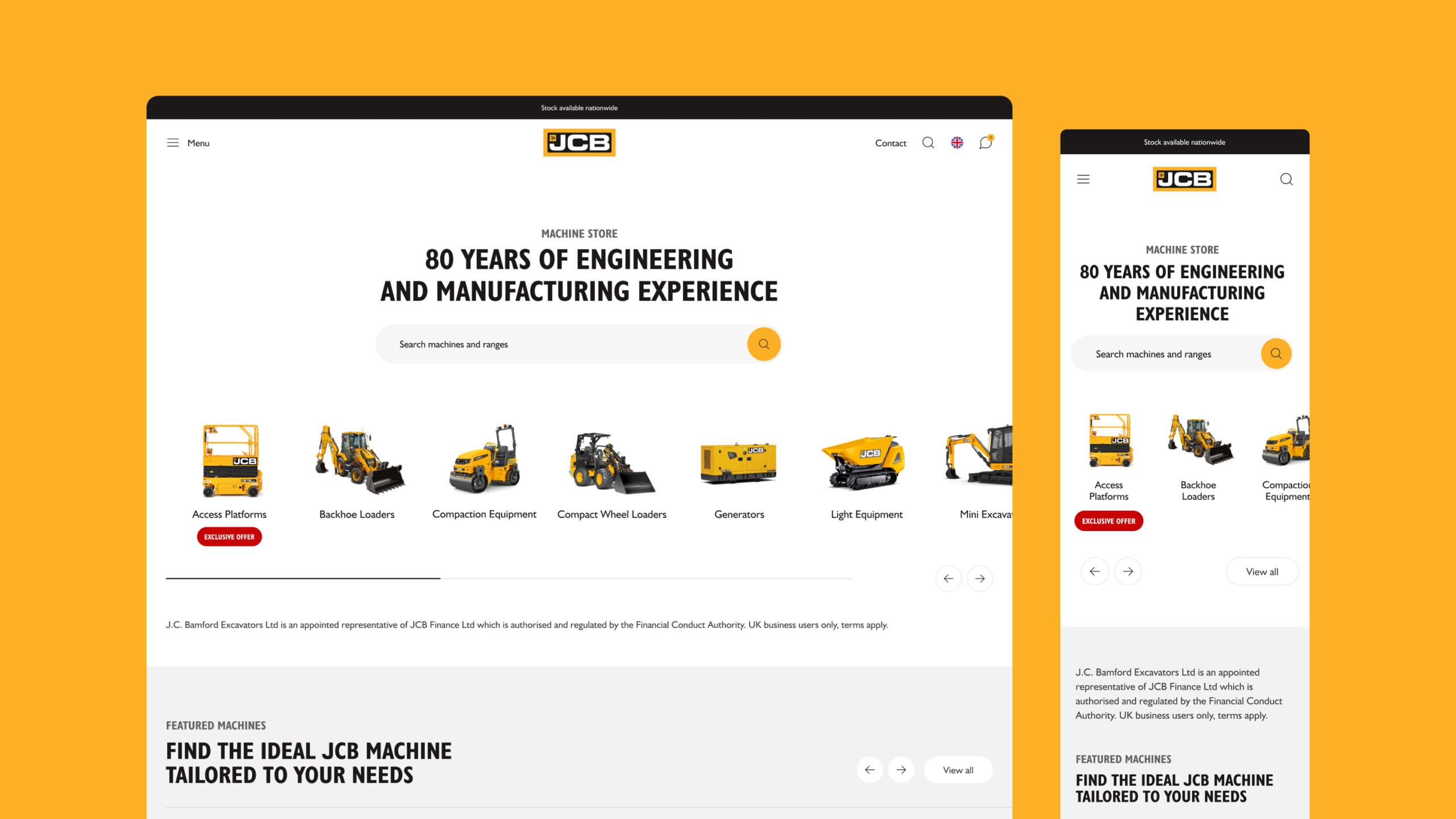 JCB website displayed on desktop and mobile screens, featuring a yellow and white theme, navigation menu, company logo, slogan about 80 years of experience, and images of construction equipment in a row.