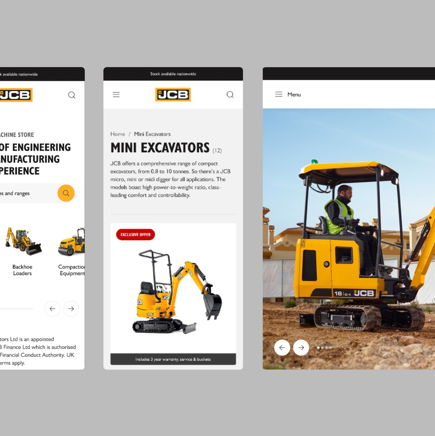 Three smartphone screens display the JCB website. The first shows construction equipment categories, the second highlights mini excavators, and the third features a person operating a yellow JCB mini excavator outdoors.