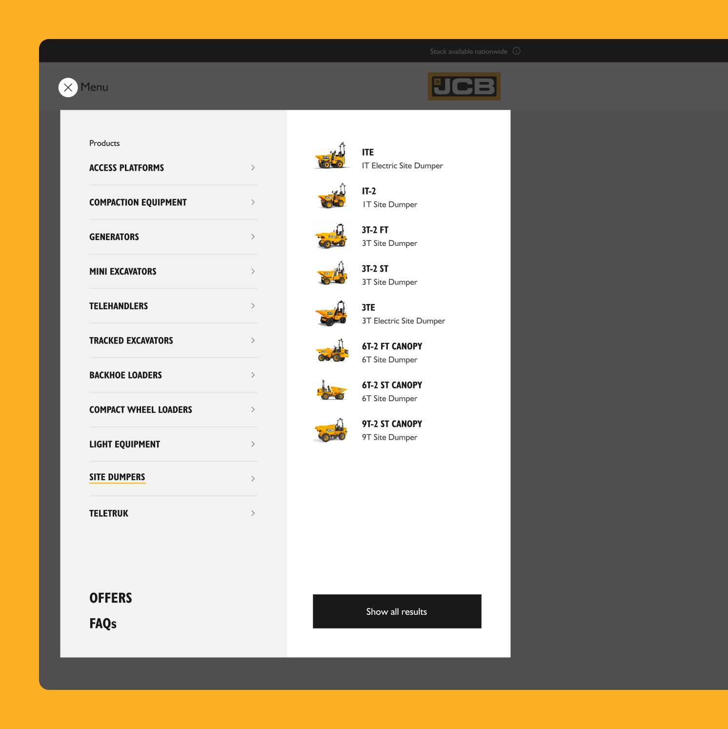 Screenshot of a JCB website page showing a menu with product categories on the left and a list of site dumper models with small yellow vehicle icons on the right. A Show all results button is at the bottom.