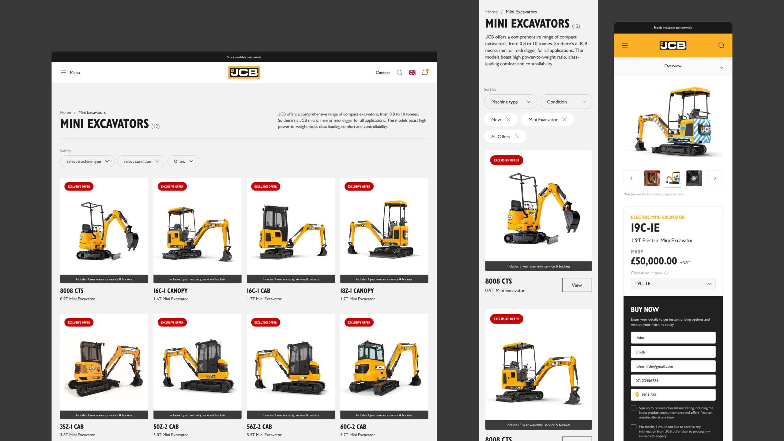 A website displays a catalogue of yellow JCB mini excavators with images and model names. Listings include details, prices, filters, and a Buy Now button. Both desktop and mobile views of the site are shown.