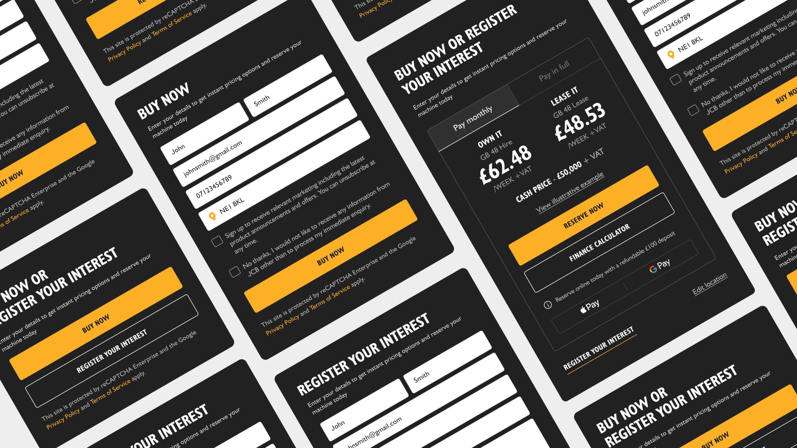A grid of black digital forms with white text and orange buttons displays options for buying, registering interest, and calculating finance, featuring price details and input fields on a dark background.