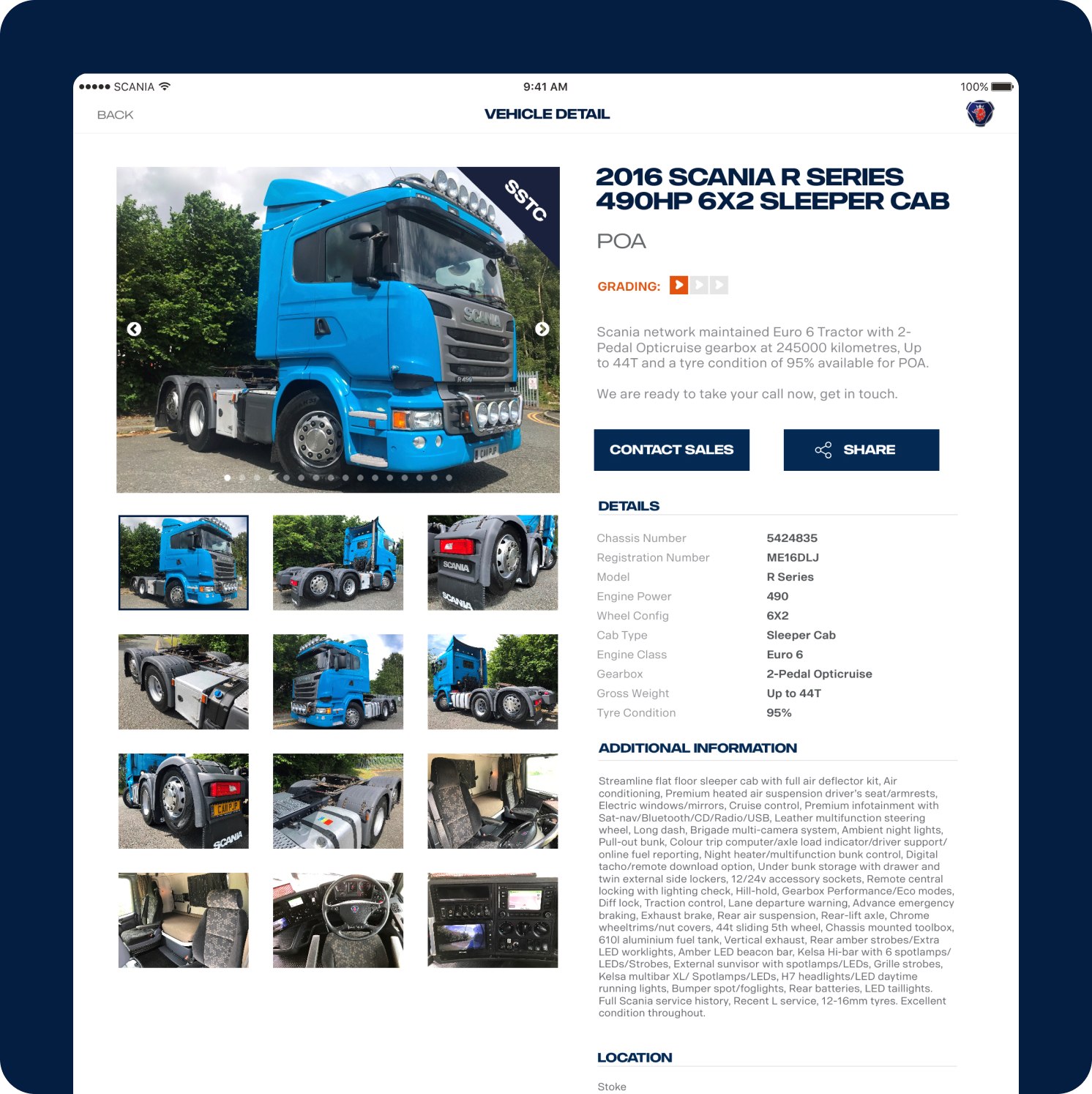 Screenshot of a vehicle detail page showing a blue 2016 Scania R Series 490HP 6x2 Sleeper Cab lorry, with exterior and interior photos, specifications, description, and contact options displayed.
